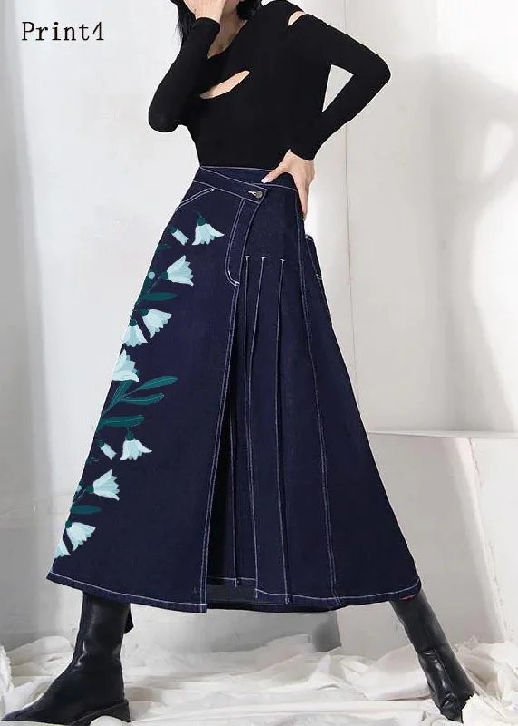 Boho denim blue-print4 zippered asymmetrical design Summer Skirt a-line skirt cut