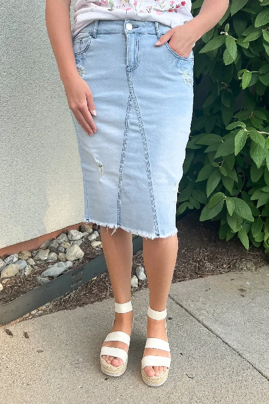 Brenna Distressed Denim Skirt in Lt. Wash breathable skirt fabric