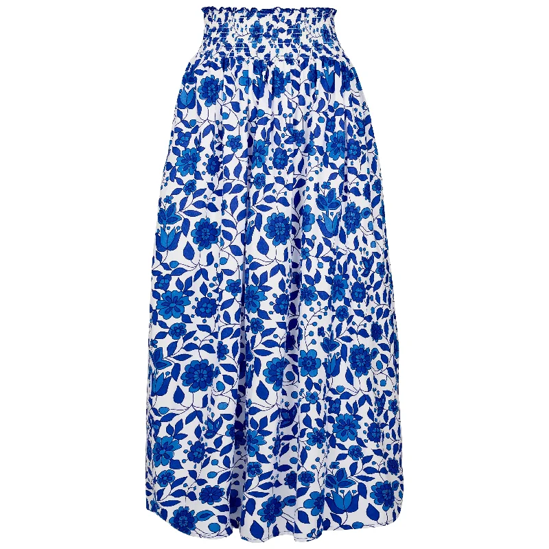 Cotton Floral Skirt With Wide Elasticated Waist | Marine button skirt front