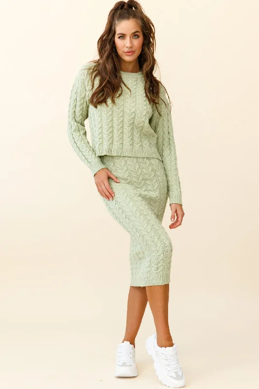 Cozy Up Cable Knit Midi Skirt Green chiffon skirt airy