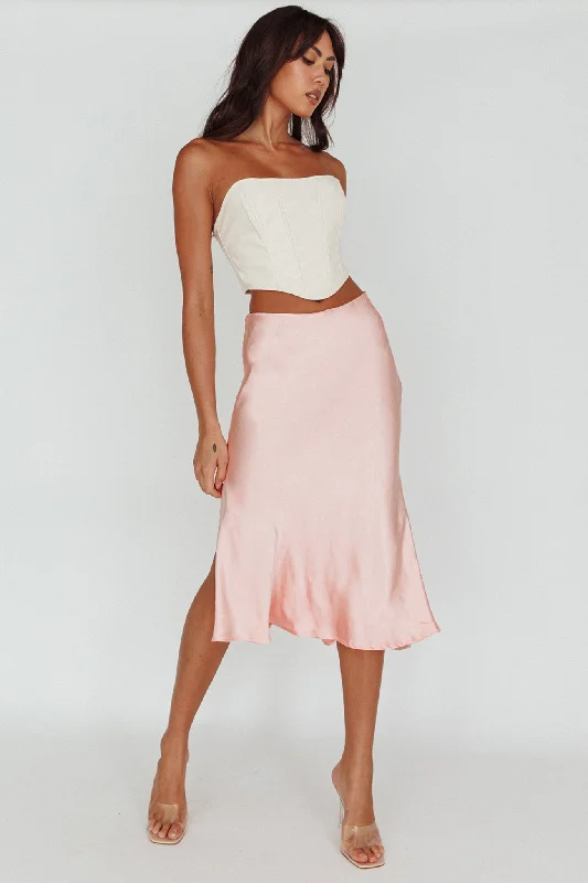 Daze Satin Midi Skirt Pink belted skirt waist