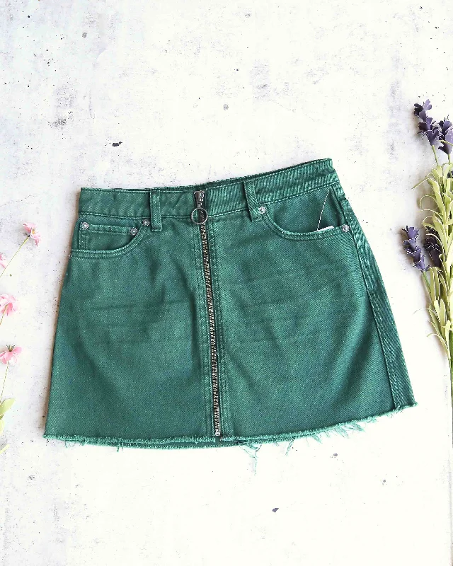 Free People - Front Zip It Up Denim Mini Skirt With Frayed Hem in Wilderness Green lightweight skirt design