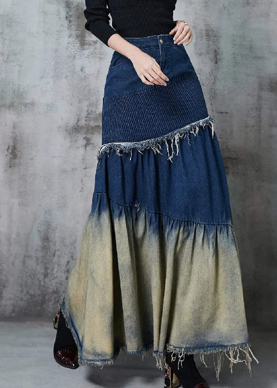 French Navy Silm Fit Patchwork Gradient Color Denim Skirt Spring corduroy skirt cozy