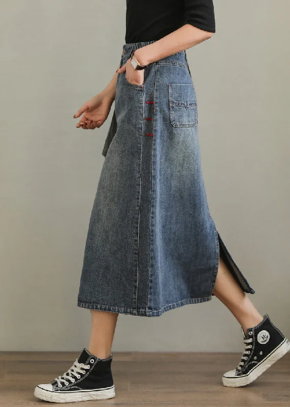 New Denim Blue Pockets Side Open High Waist Denim Skirt Summer lace skirt romantic