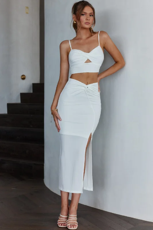 One Night Only Twist Waist Split Midi Skirt White pencil skirt chic