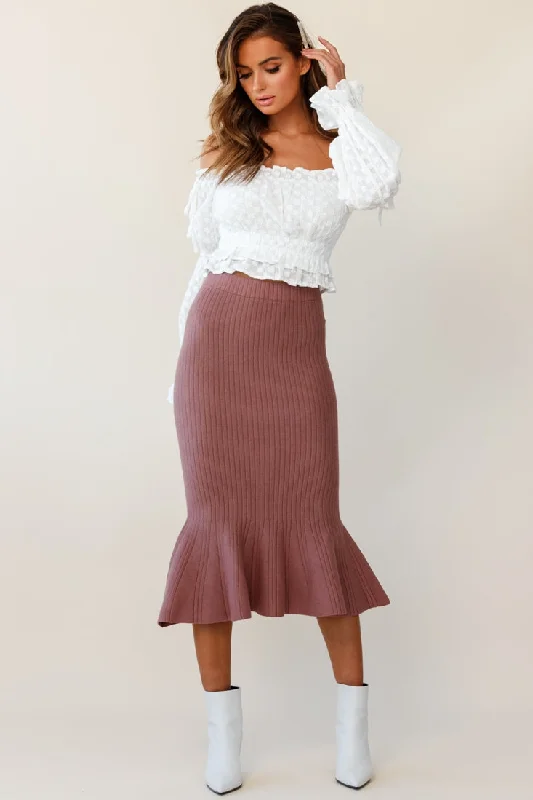 Shalon Ribbed Knit Fluted Hem Midi Skirt Antique Rose leather skirt refined