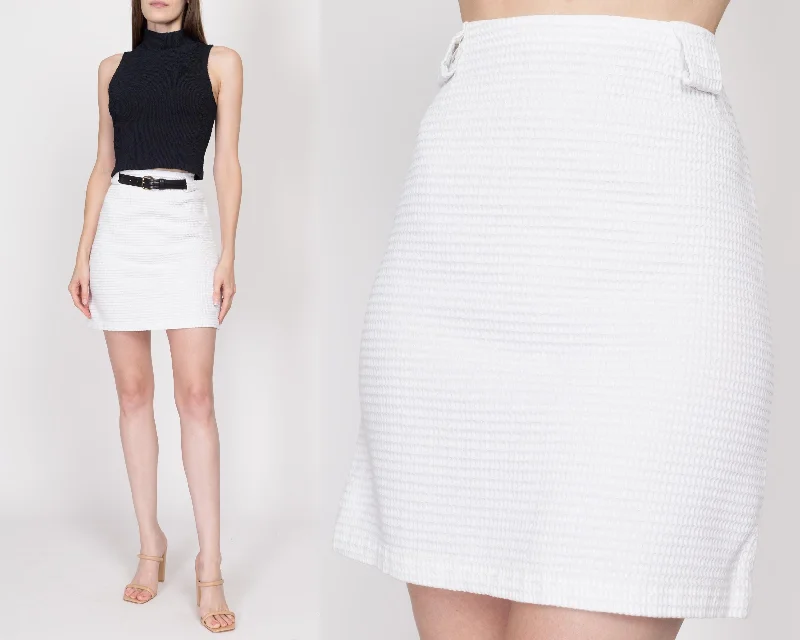 Small 60s White Waffle Knit Mini Skirt 26.5" chiffon skirt lightweight