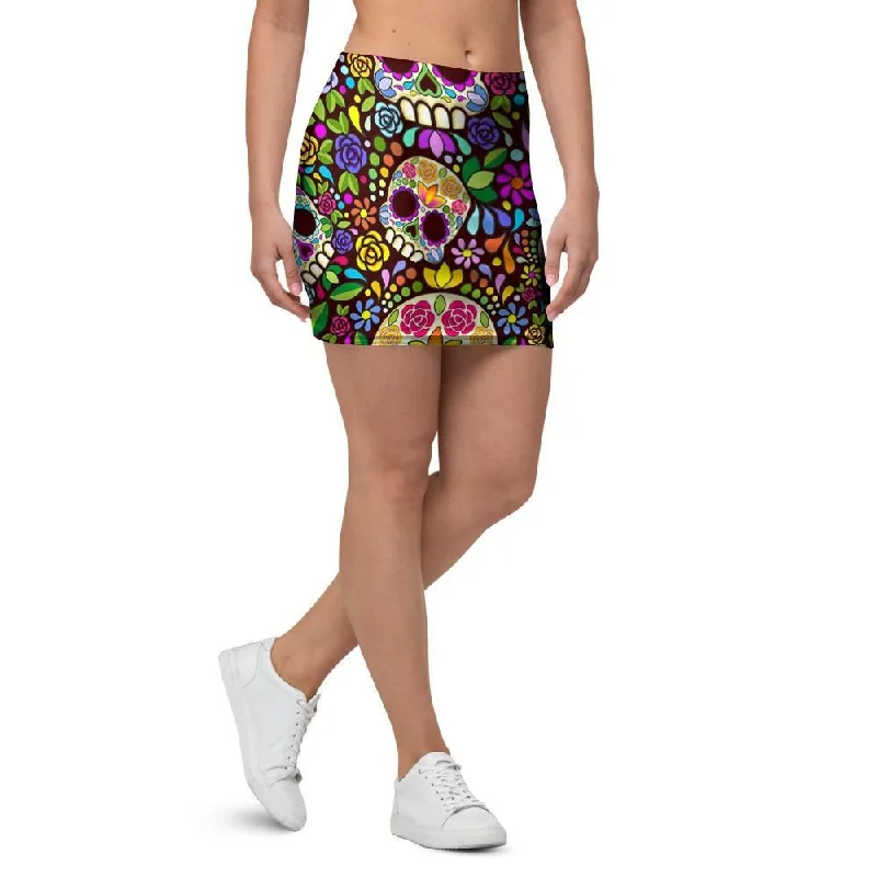 Sugar Skull Mexican Floral Mini Skirt low waist skirt