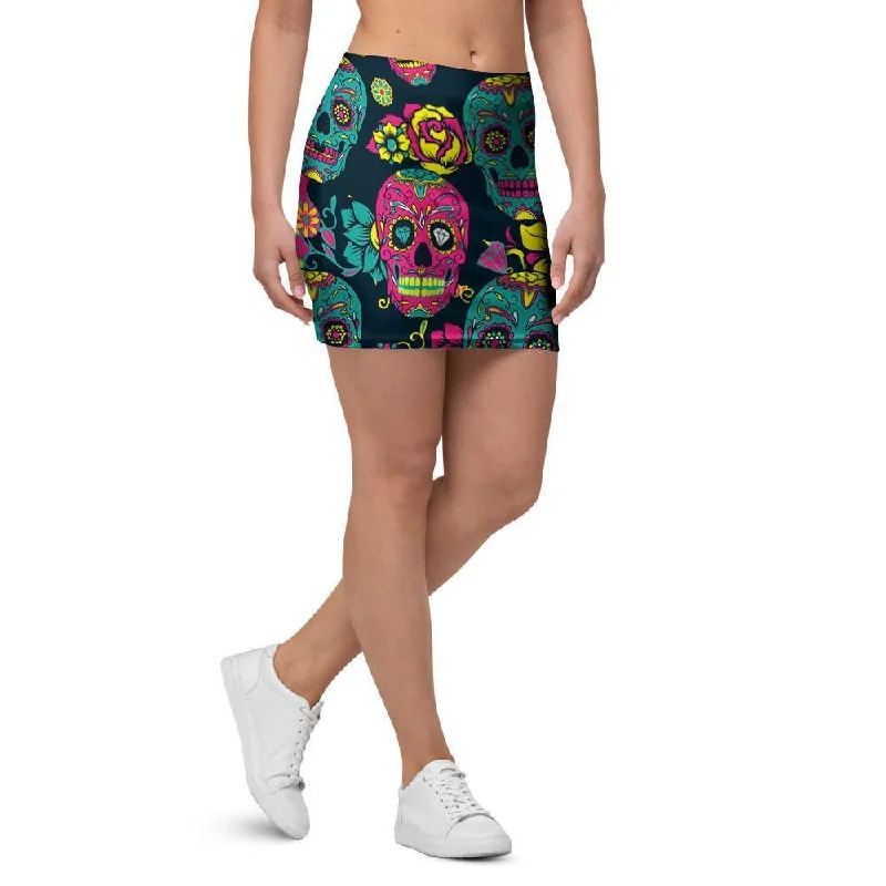 Sugar Skull Print Mini Skirt linen skirt airy