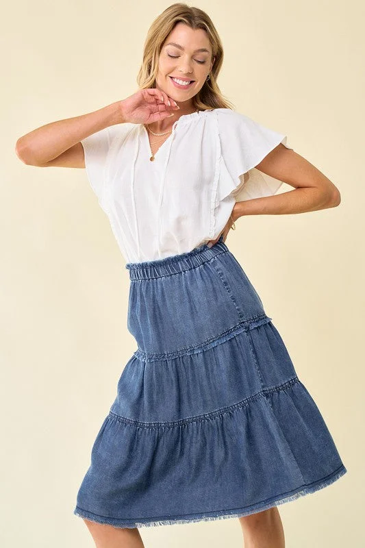 Tiered Frayed Denim Skirt 6420 chiffon skirt flowing