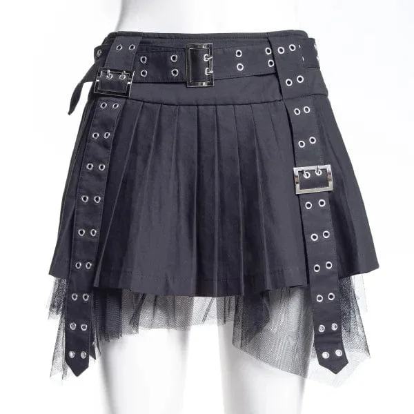 Women's Punk Eyelet Buckled Pleated Skirt linen skirt breathable